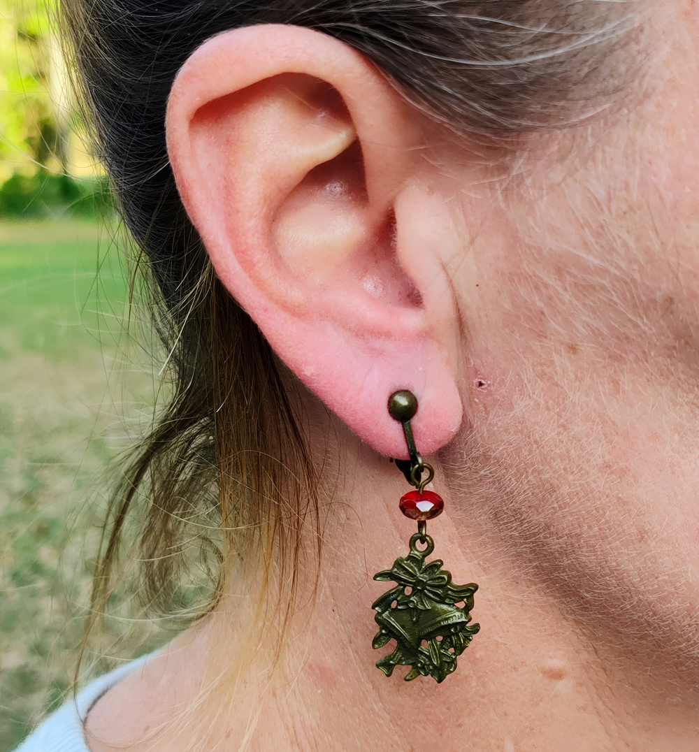 Bronze Christmas Dangle Clip on Earrings 