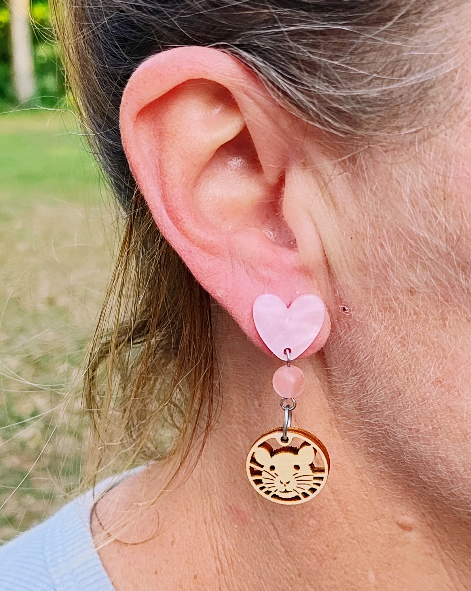 Cute Rat Face Wooden Charm & Pink Quartz Gemstone Post Heart Shaped Earrings