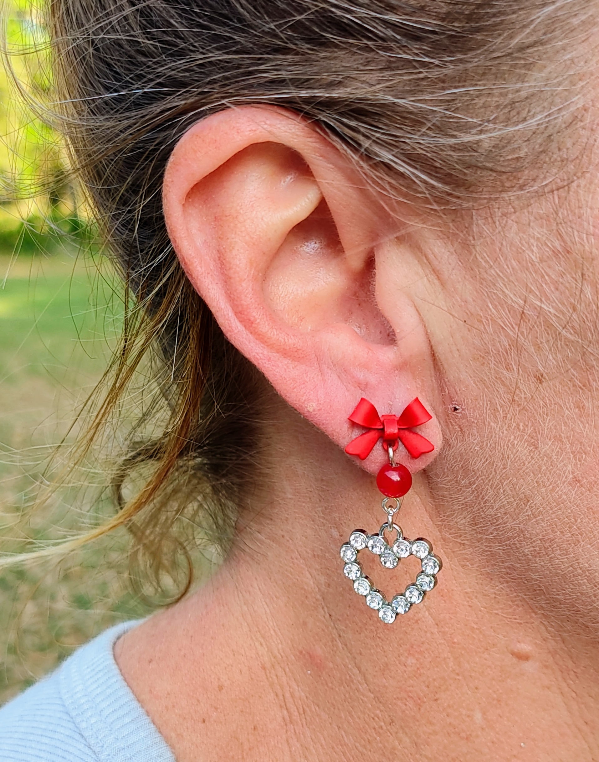 Handcrafted Rhinestone Heart & Red Gemstone Post Bow Earrings 