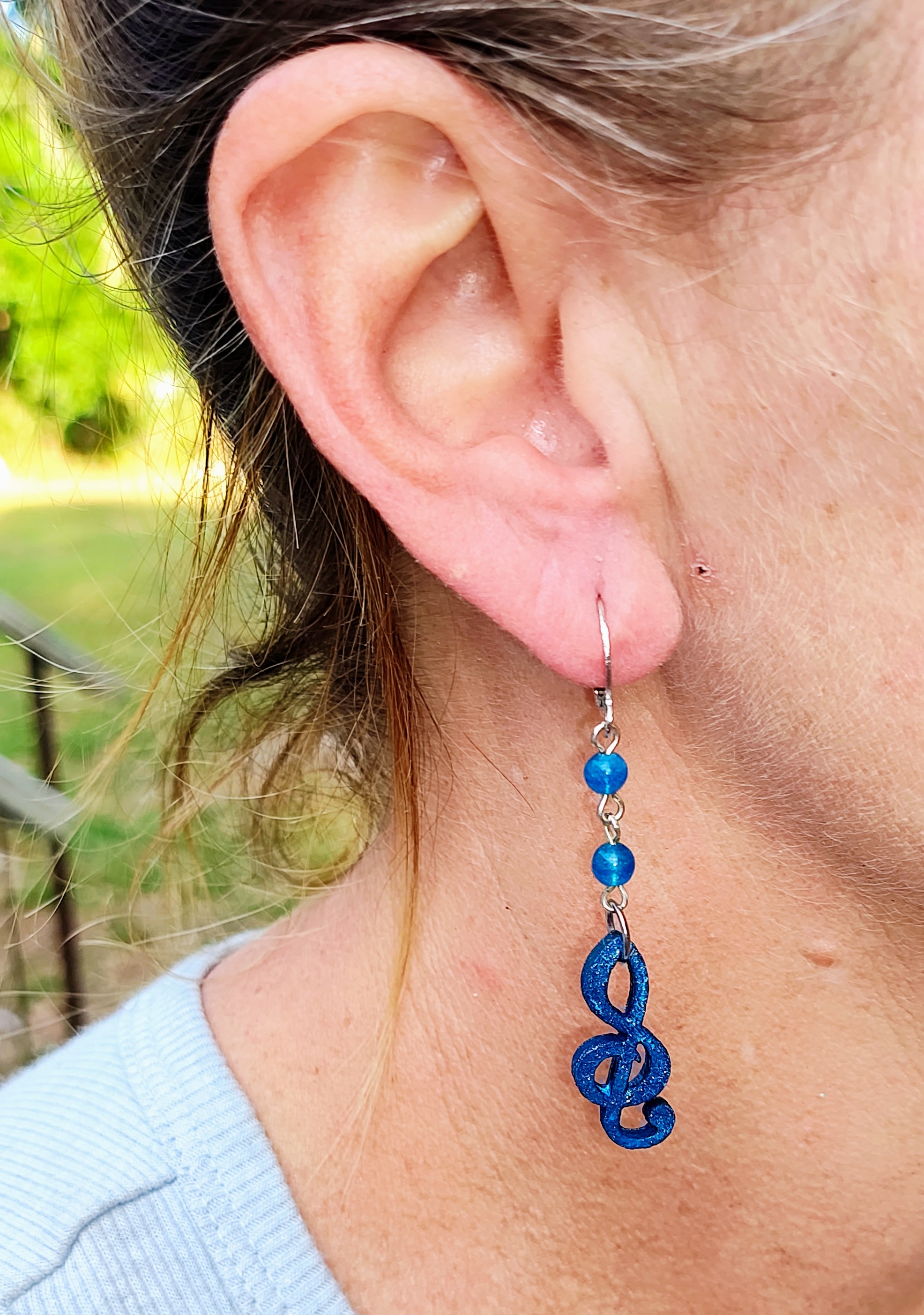 Wooden Treble Clef Gemstone Dangle Earrings 