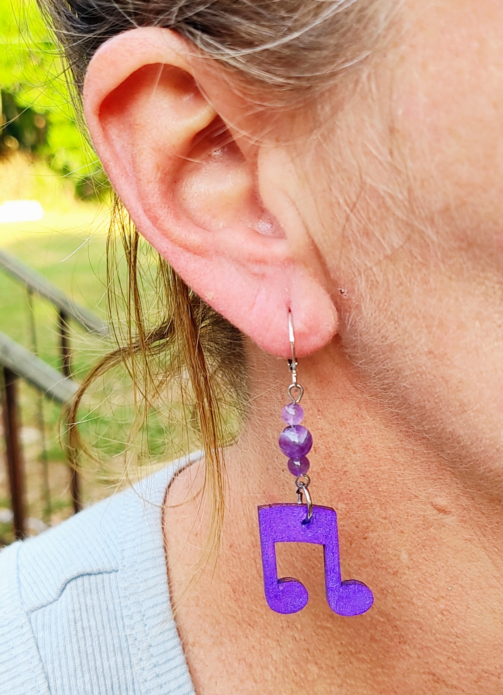 Wooden Music Note Gemstone Dangle Earrings 