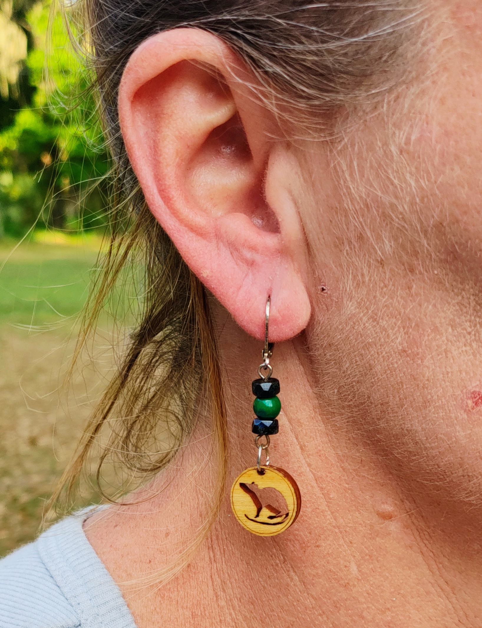 Handcrafted Cute Rat Wooden Rat Charm & Gemstone Dangle Earrings