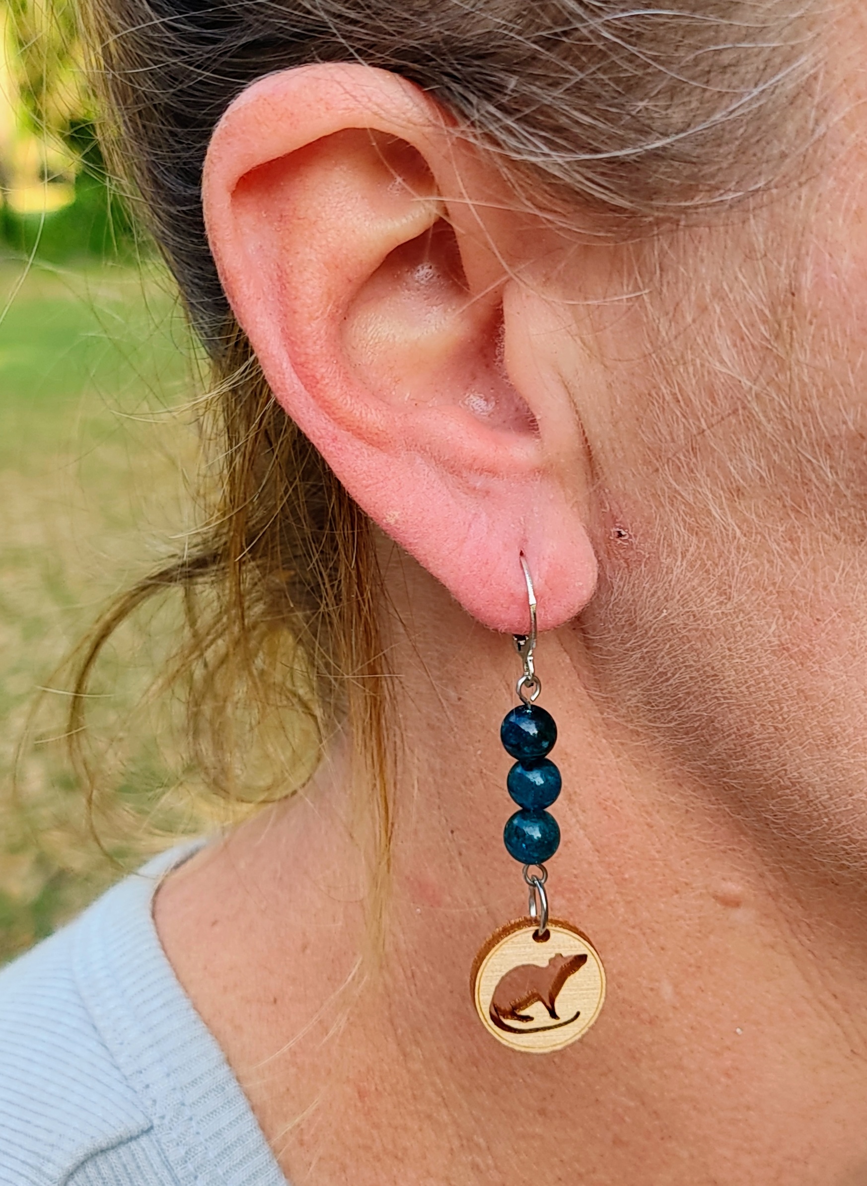 Handcrafted Cute Rat Silhouette Wood Charm & Chalcedony Gemstone Dangle Earrings