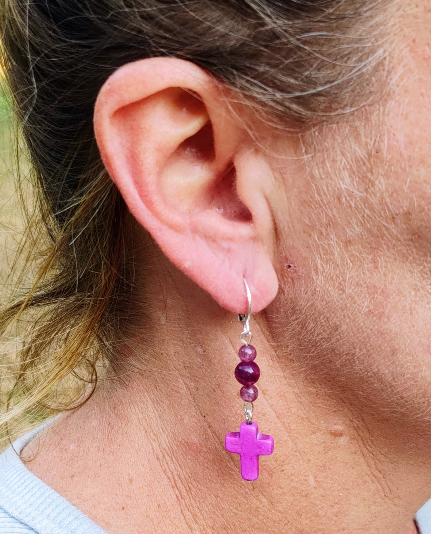 Religious Christian Gemstone Cross Dangle Earrings with Lever Backs