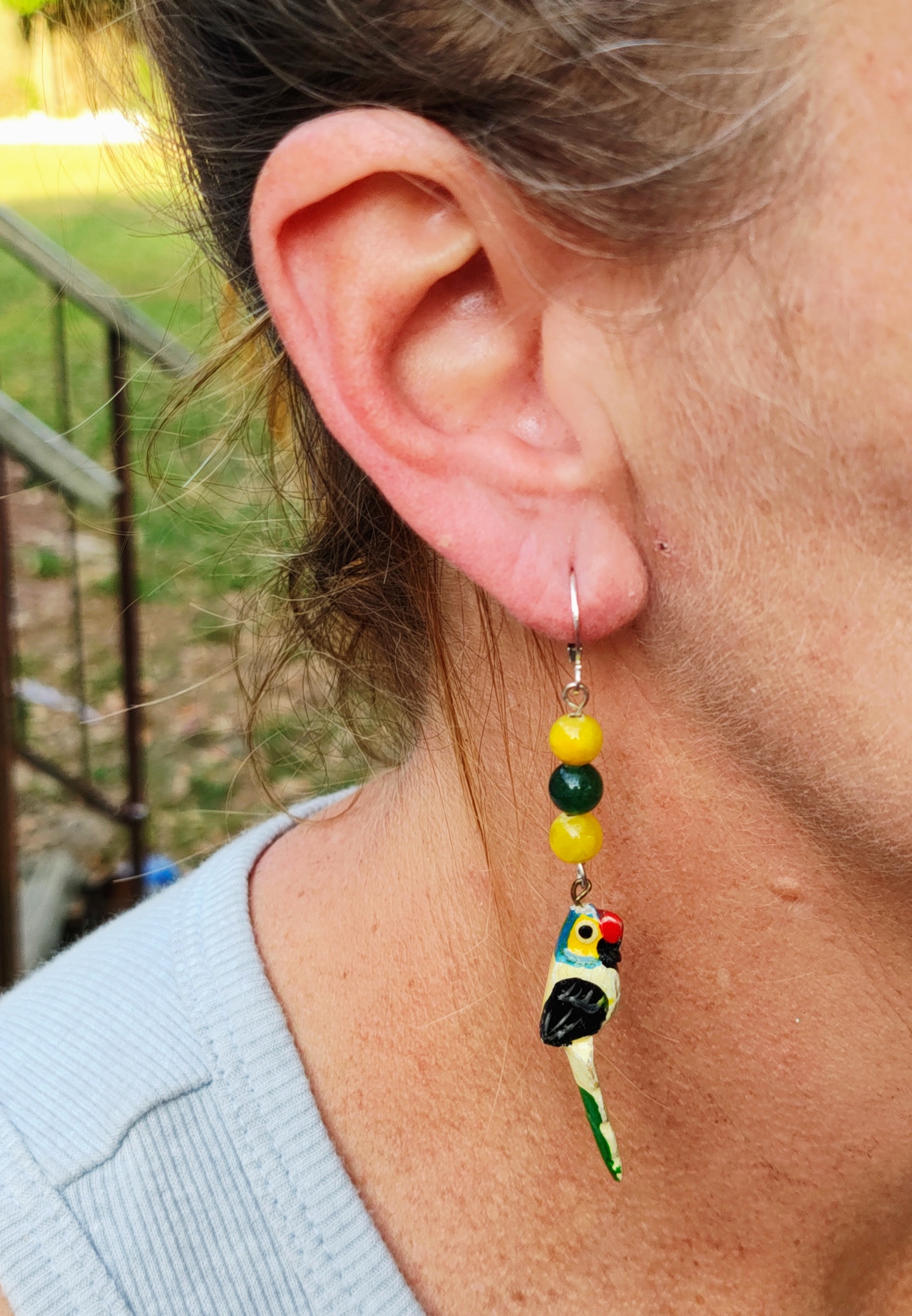 Wooden Parrot and Gemstone Summer Dangle Earrings 