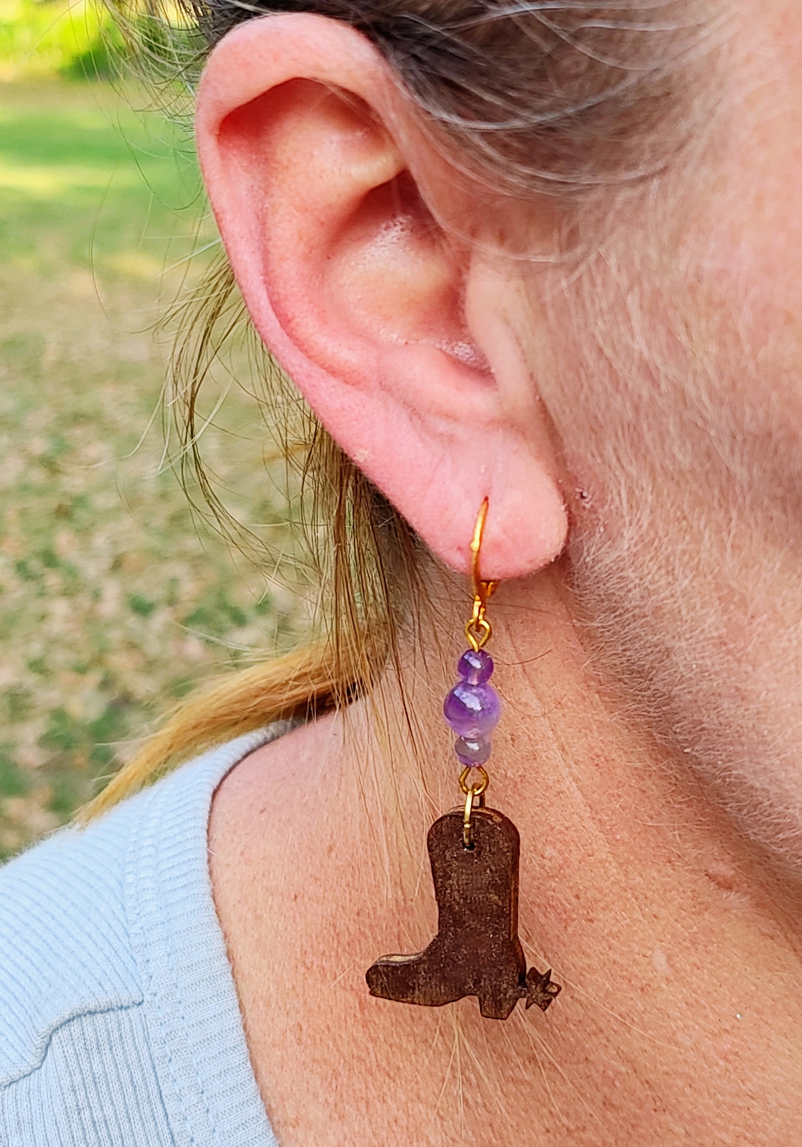 Wooden Cowboy Boots Gemstone Dangle Earrings 