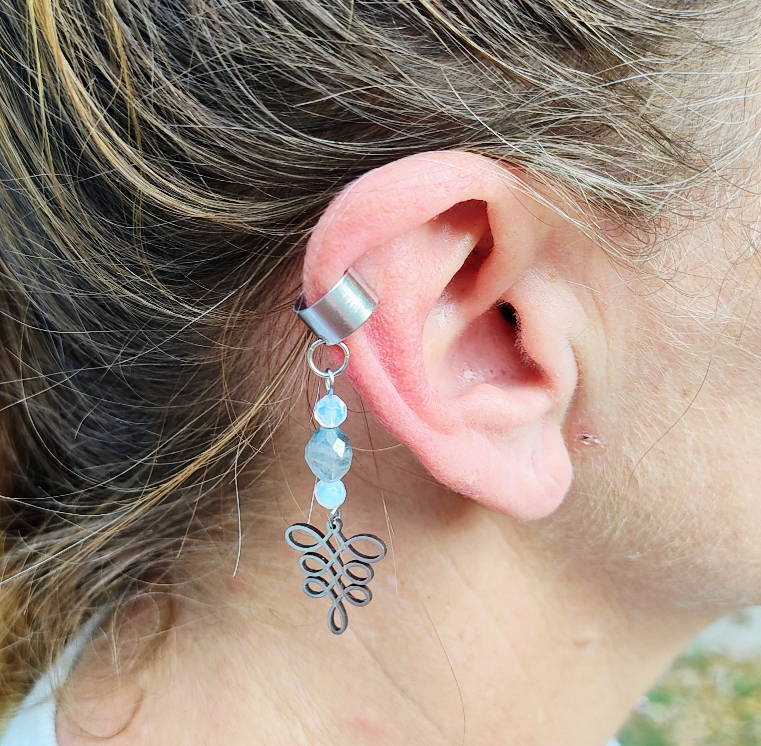 Handcrafted Ear Cuff with Dangling Gemstones & Charm