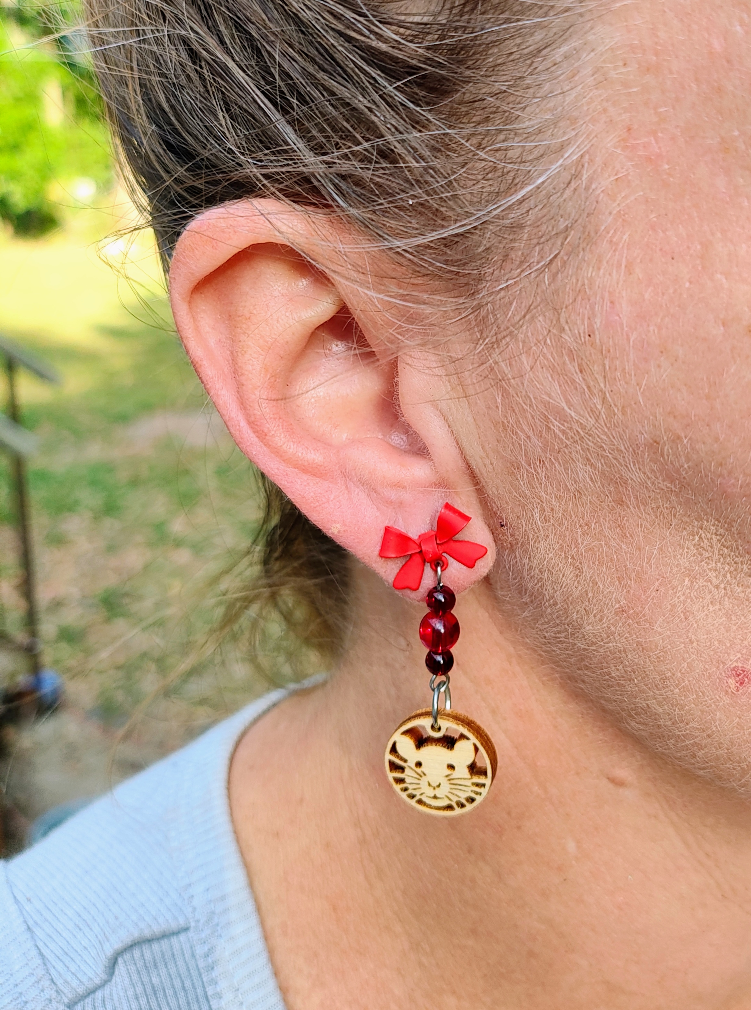 Handcrafted Cute Rat Face Wooden Charm & Red Gemstone Post Bow Earrings