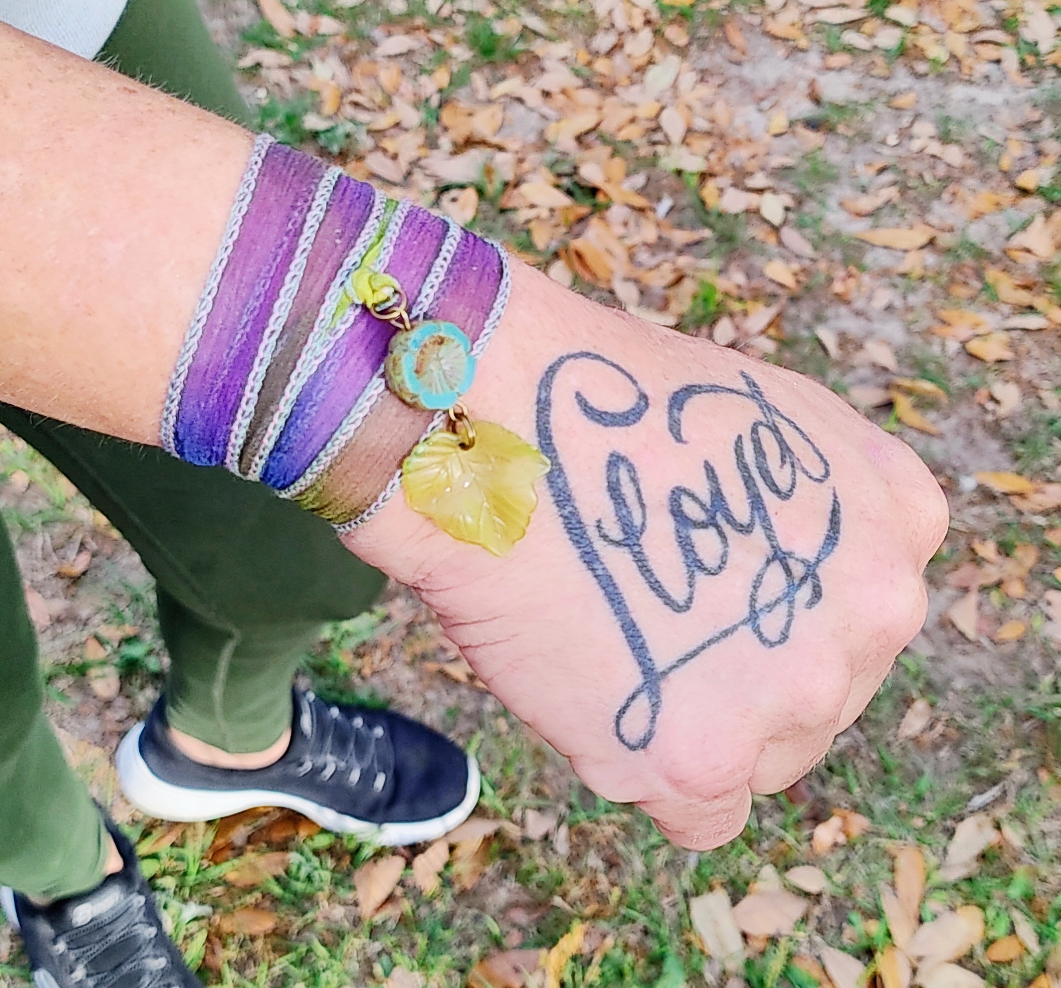 Purple & Green Leaf Bohemian Silk Wrap Ribbon Bracelet 