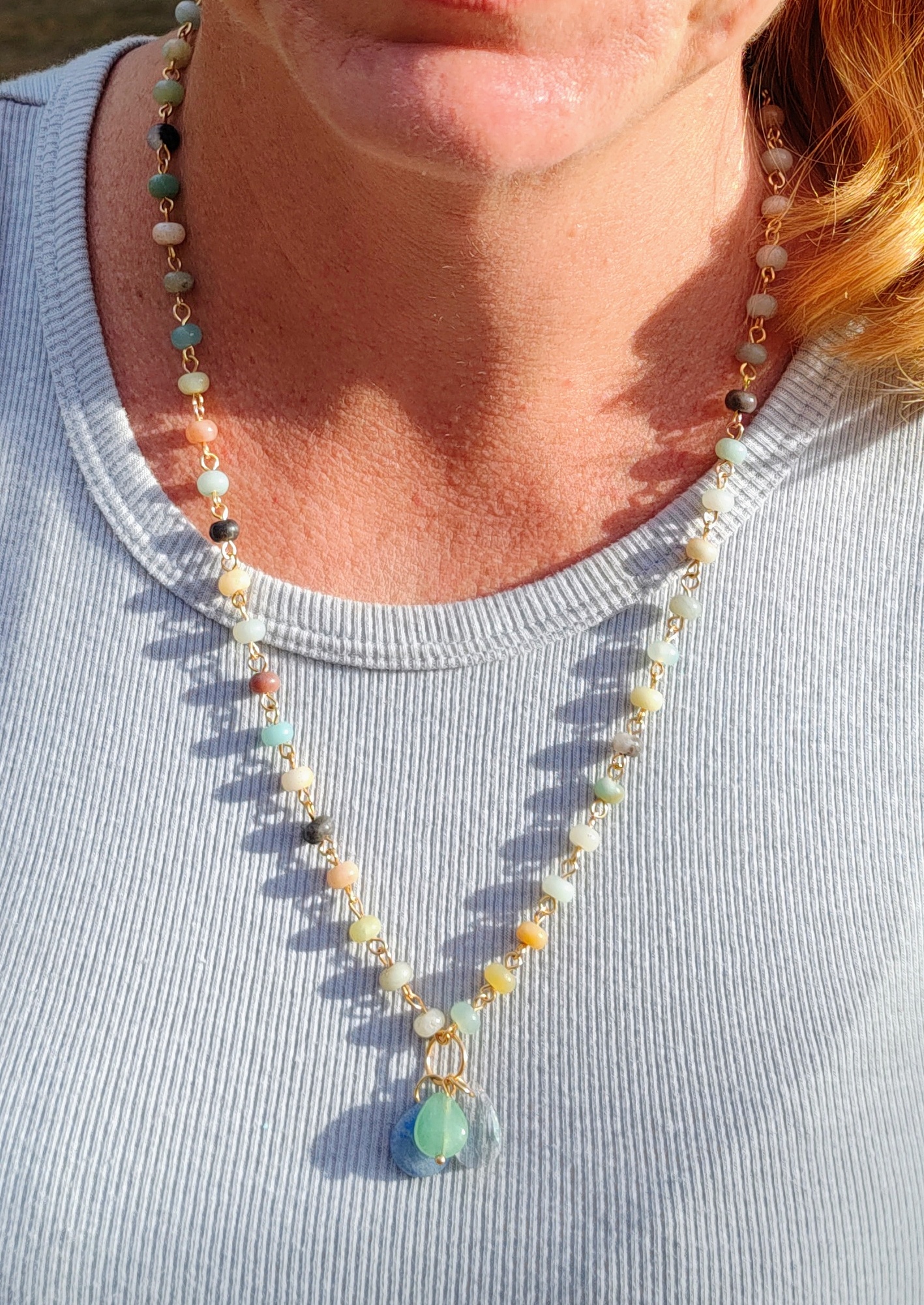 Amazonite Gemstone Beaded Necklace with Crystal & Gemstone Pendant 