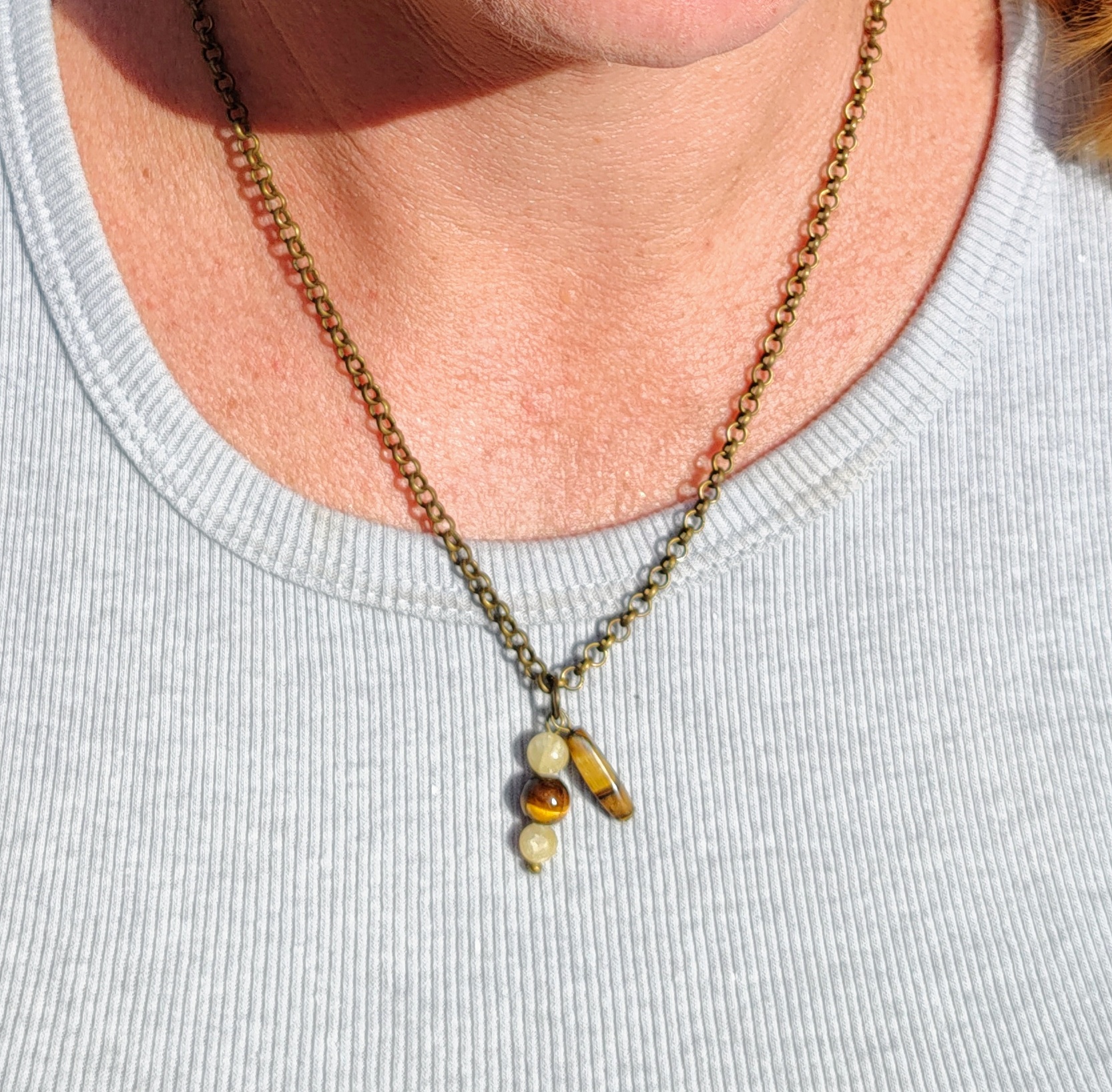 Bronze Tiger eye and Calcite Gemstone Charm Choker Necklace 