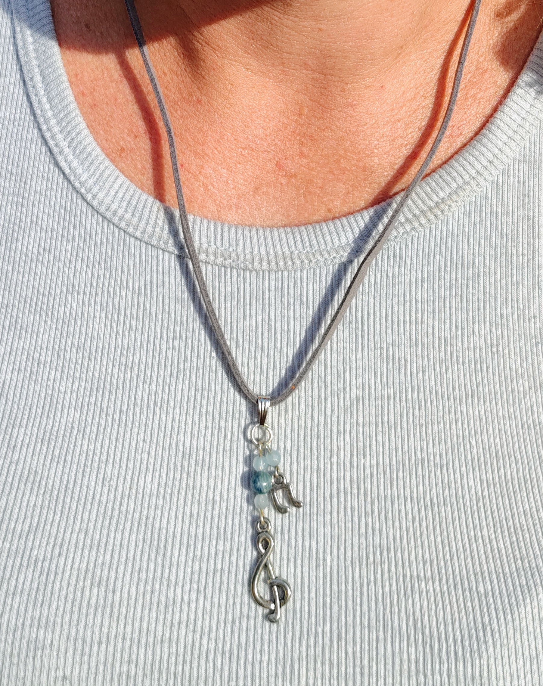Music Note, Treble Clef, & Gemstone Pendant on Gray Suede Cord Necklace