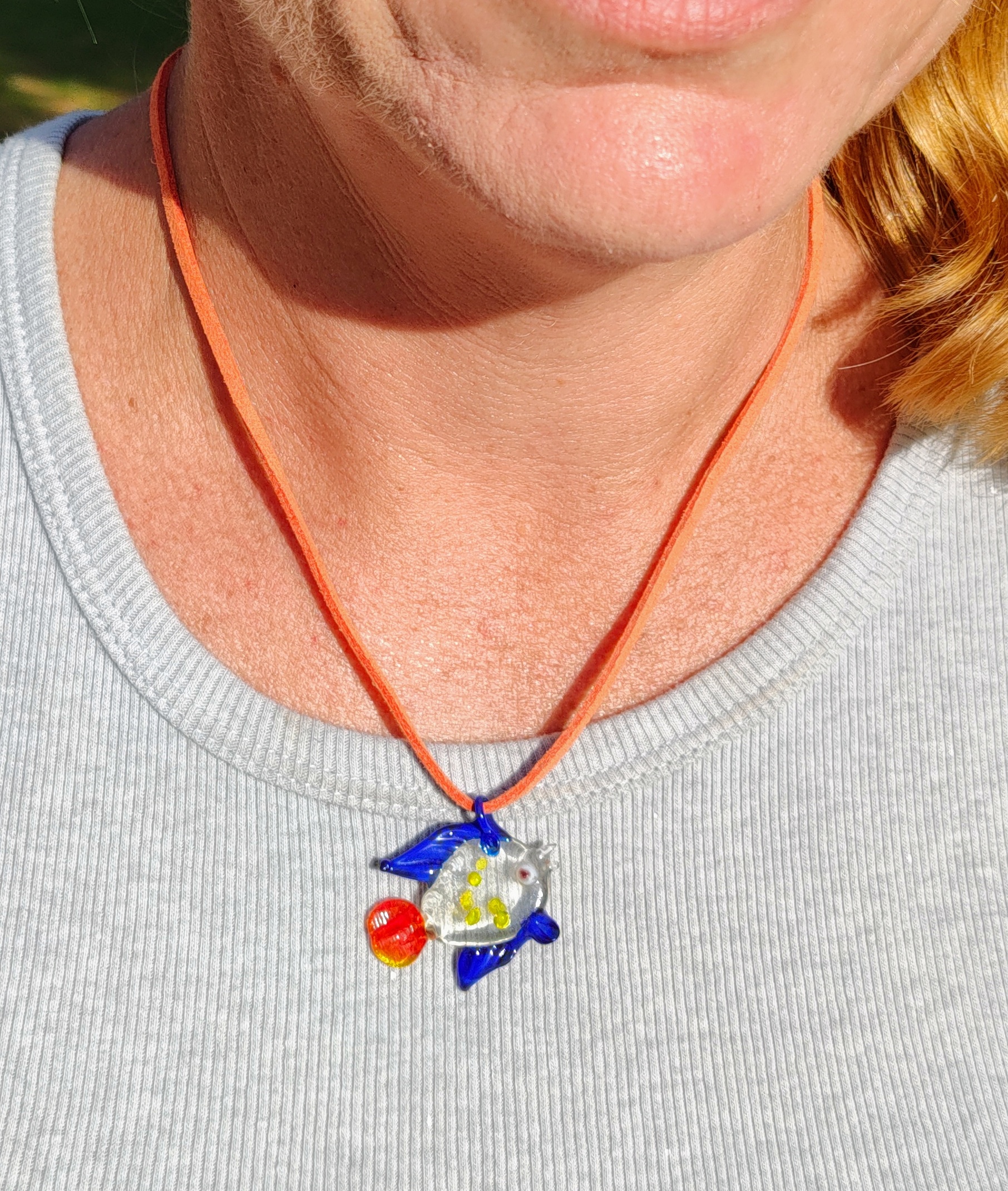 Glass Tropical Fish Pendant Orange Suede Cord Necklace