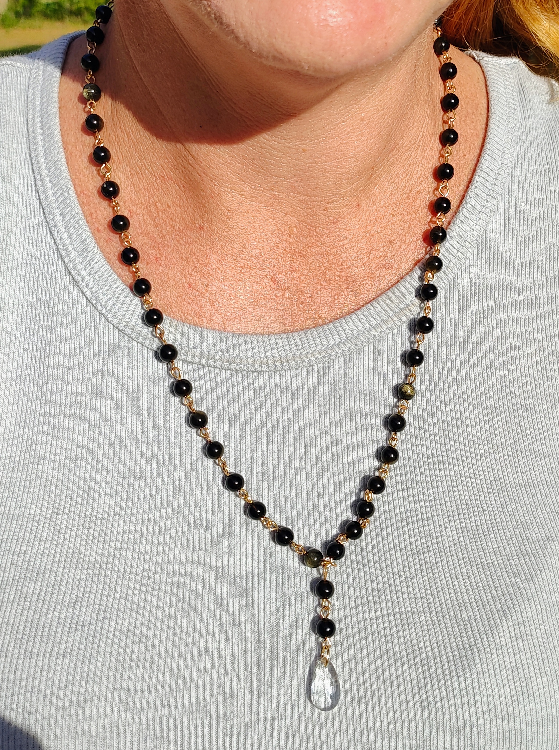 Beaded Golden Black Obsidian Gemstone Statement Necklace with Crystal Pendant
