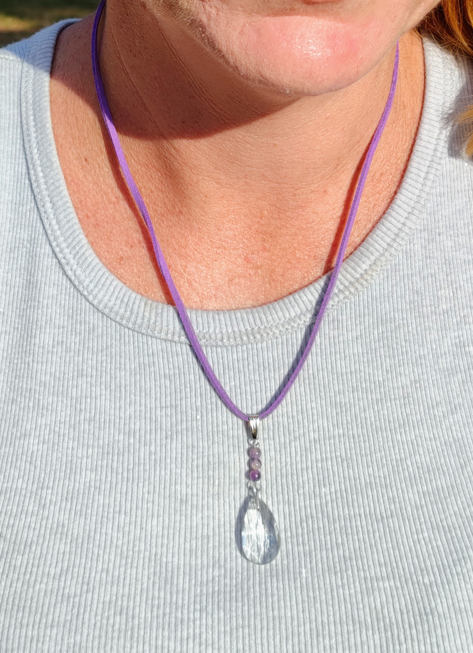 Amethyst Gemstone Crystal Pendant on Purple Suede Cord Necklace