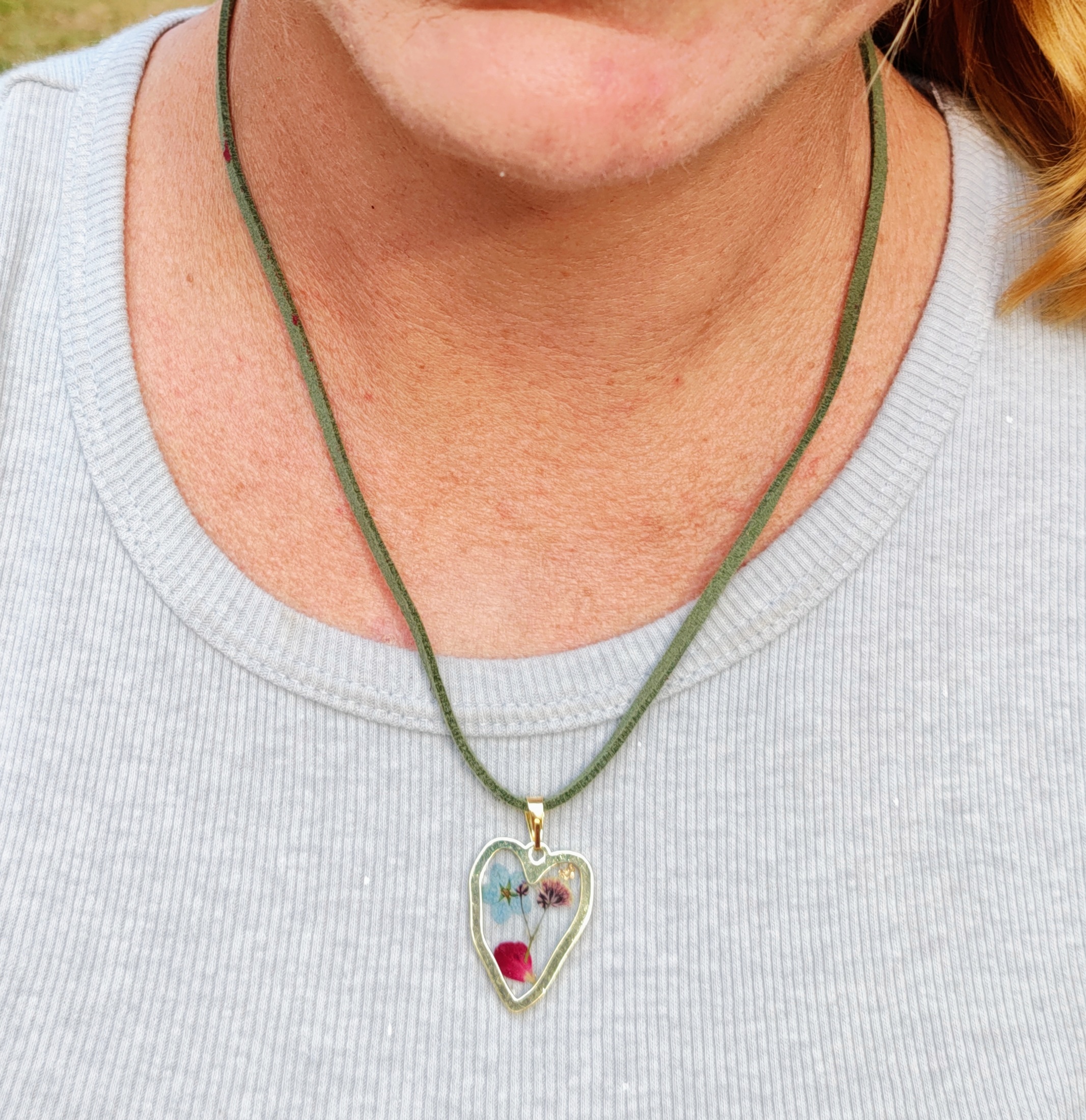 Pressed Flower Heart Pendant on Green Suede Necklace