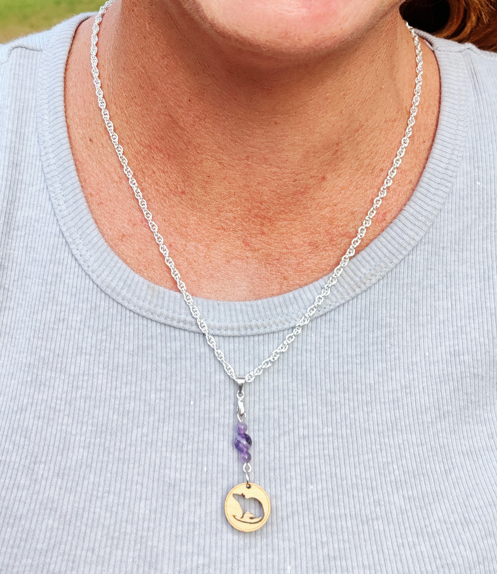 Cute Wooden Rat Silhouette & Amethyst Gemstone Pendant on Silver Plated Chain Necklace