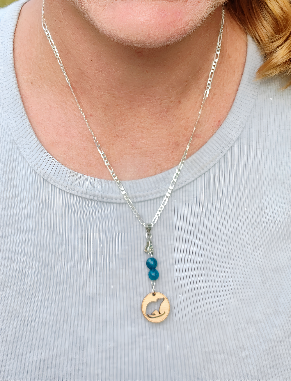 Cute Wooden Rat Silhouette & Blue Chalcedony Gemstone Pendant on Silver Plated Chain