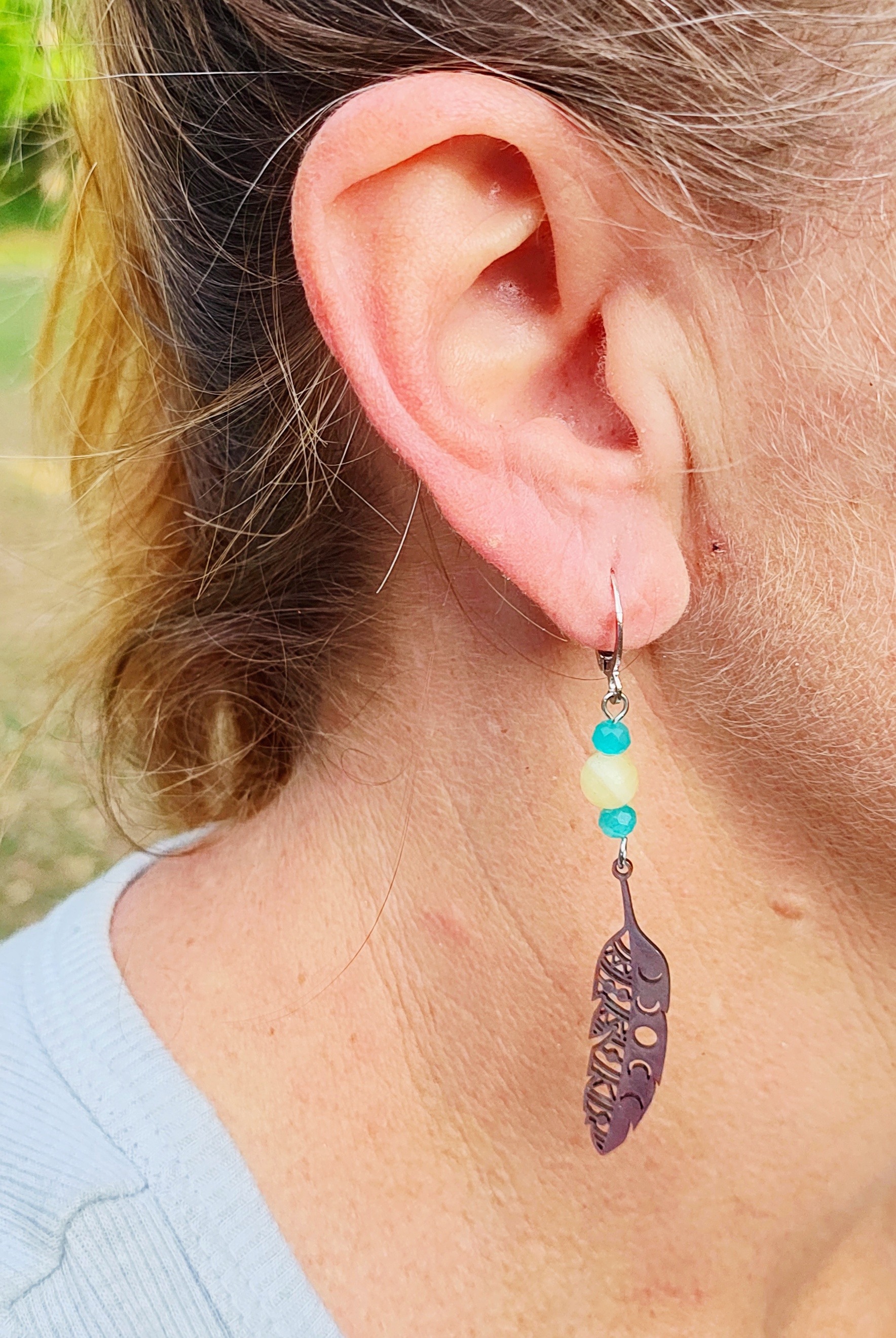 Boho Feather Gemstone Dangle Earrings
