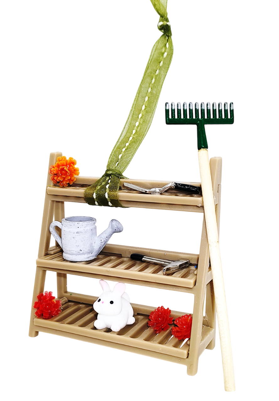 Miniature Garden Shelf Ornament with Garden Tools