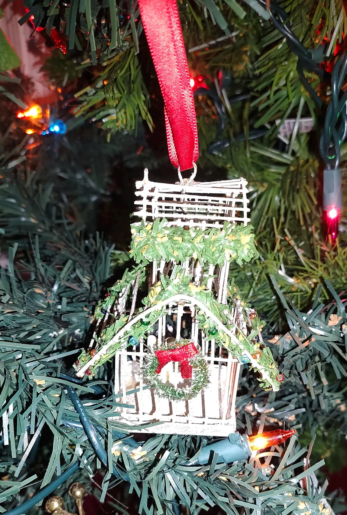White Wire Bird Cage Holiday Ornament 