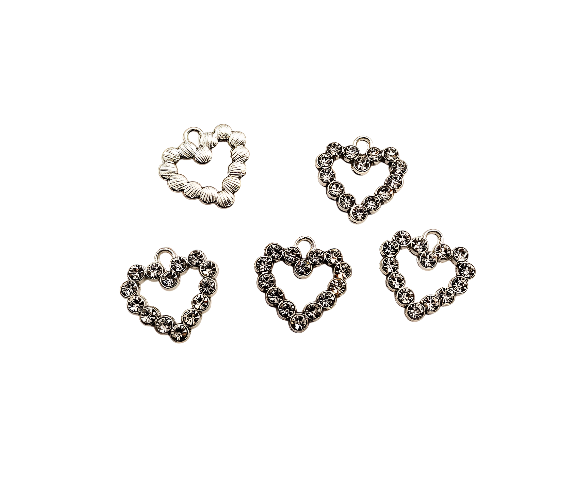 Silver Heart Shaped Clear Rhinestone Charms 