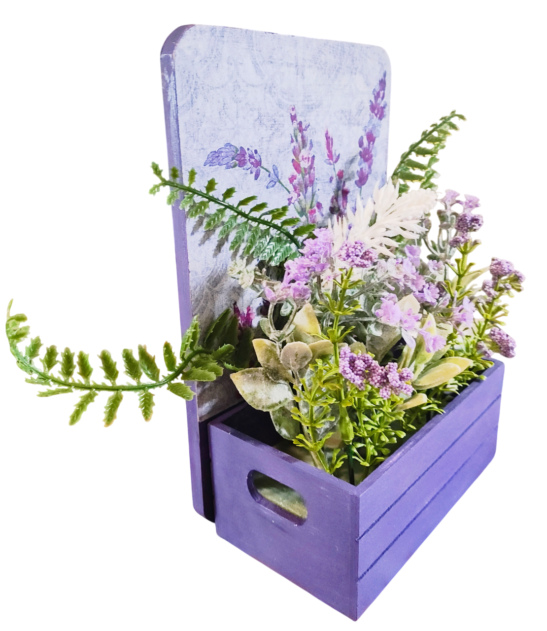 Artificial Flower Arrangement in Purple Wooden Decoupaged Planter 