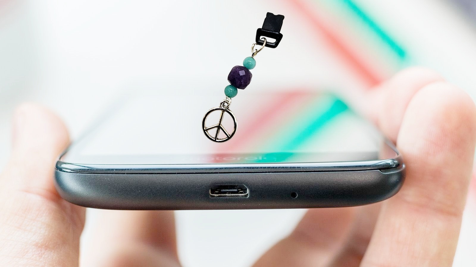 Hippie Peace Sign Gemstone Beaded Dust Plug Phone Charm