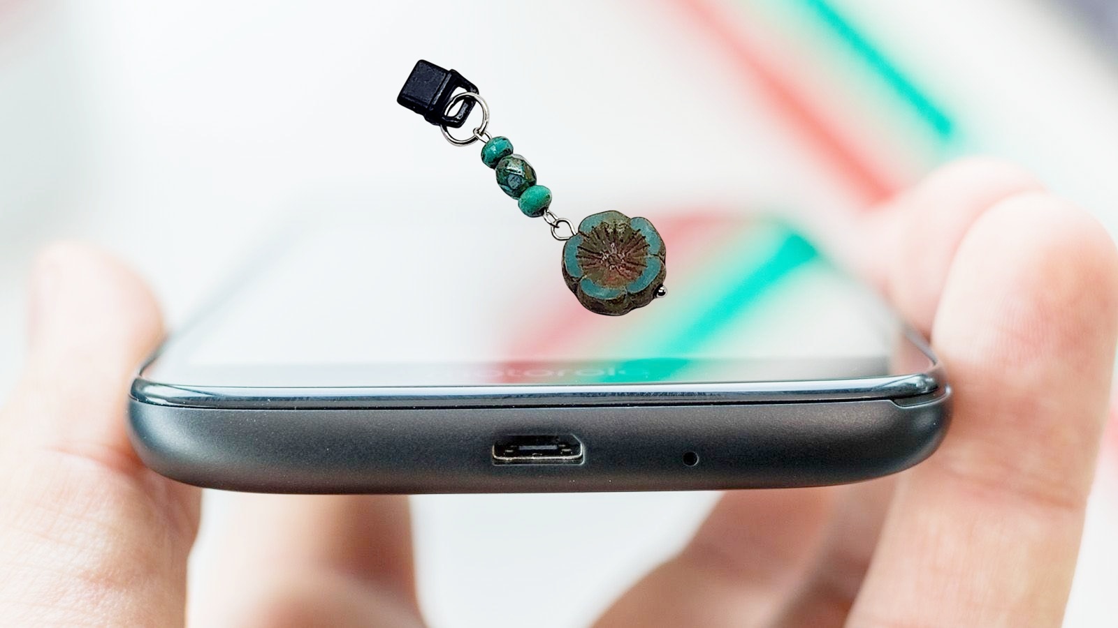 Teal Glass Flower Beaded Dust Plug Phone Charm