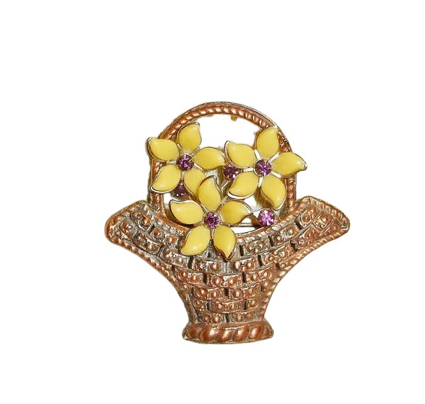 Yellow & Purple Rhinestone Flowers in Copper Basket Upcycled Brooch - OOAK