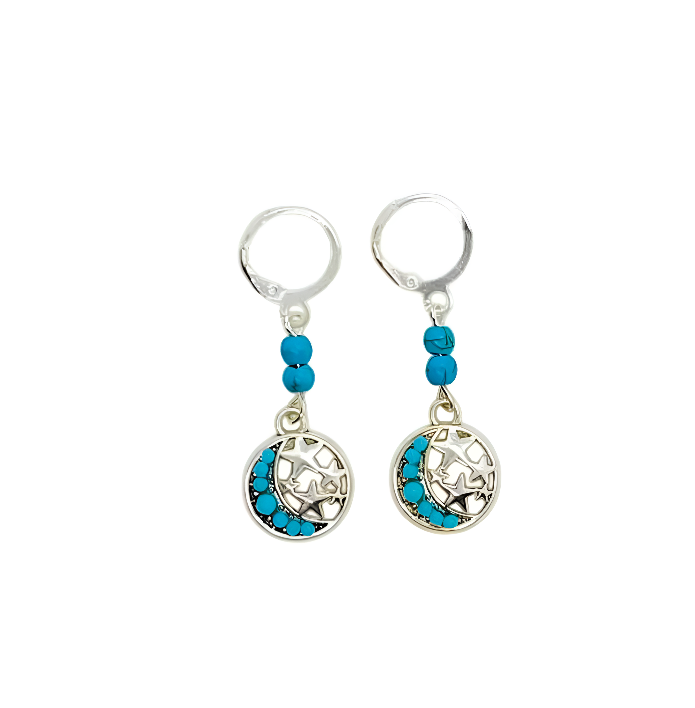Turquoise Gemstone Crescent Moon and Stars Dangle Earrings with Leverbacks
