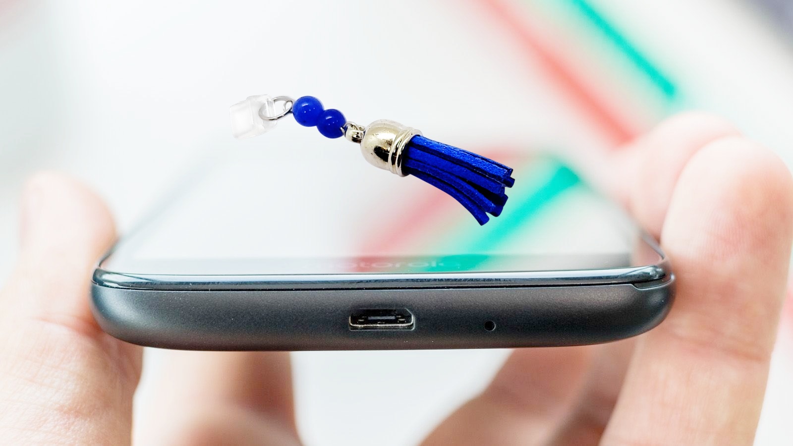 Blue Tassel Gemstone Beaded Dust Plug Phone Charm