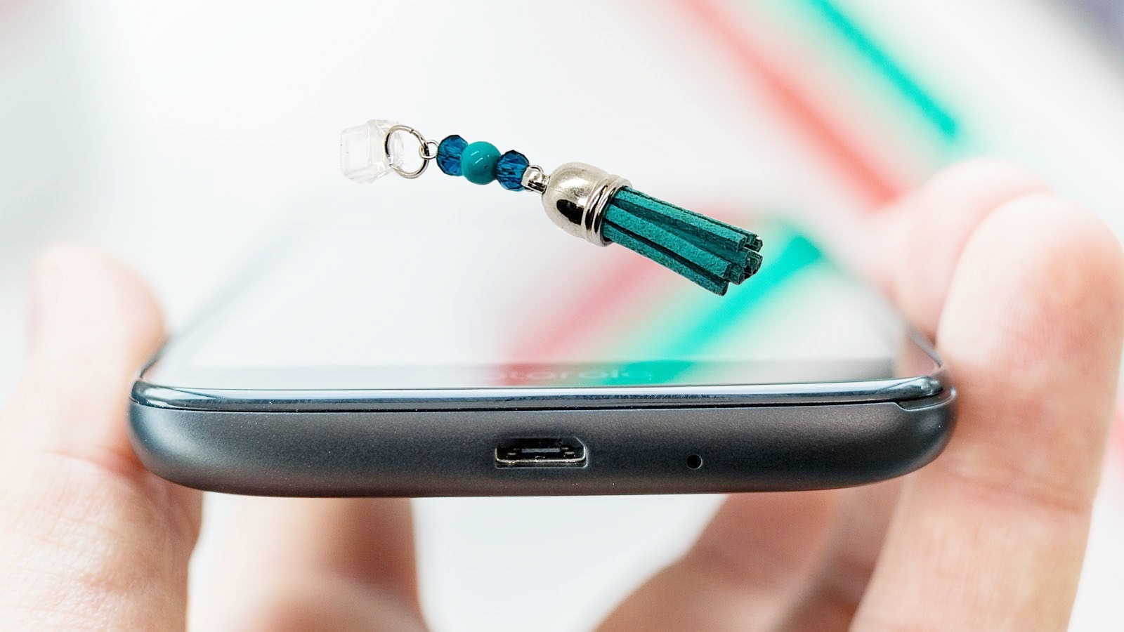 Teal Tassel Beaded Dust Plug Phone Charm