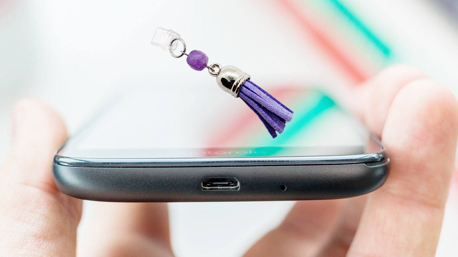 Purple Tassel Gemstone Beaded Dust Plug Phone Charm