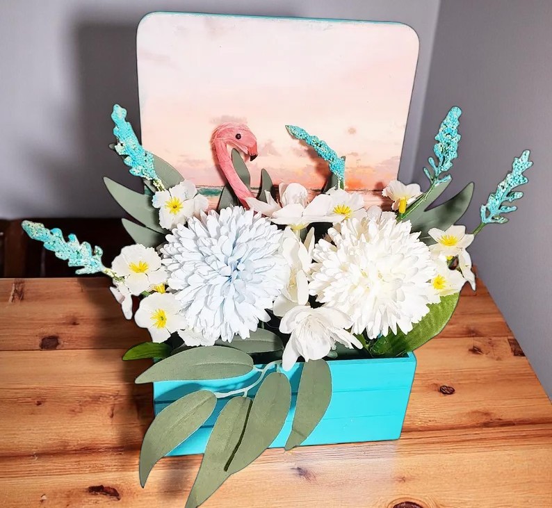 Summer Artificial Flower Arrangement in Wooden Decoupaged Planter