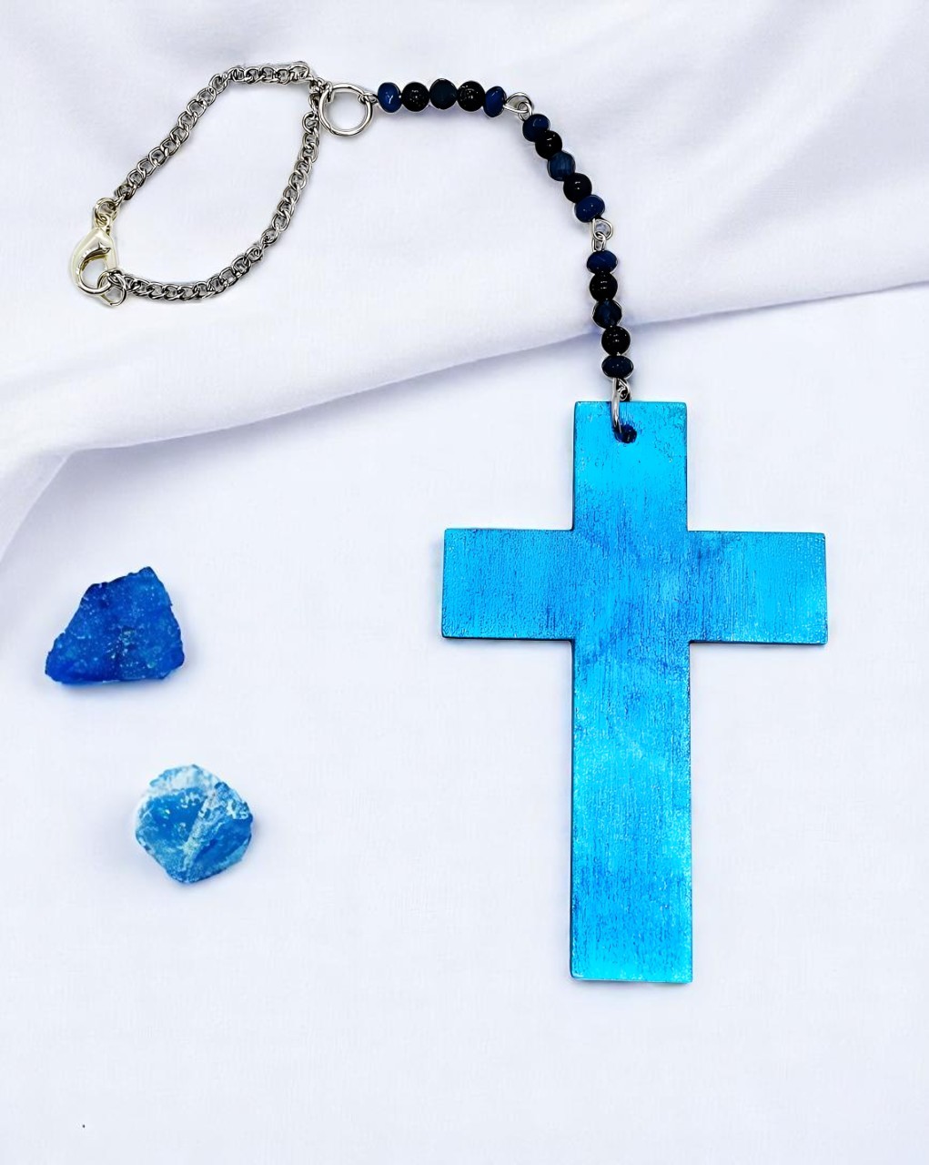 Wooden Blue Christian Cross & Gemstone Hanging Rearview Mirror Car Charm 