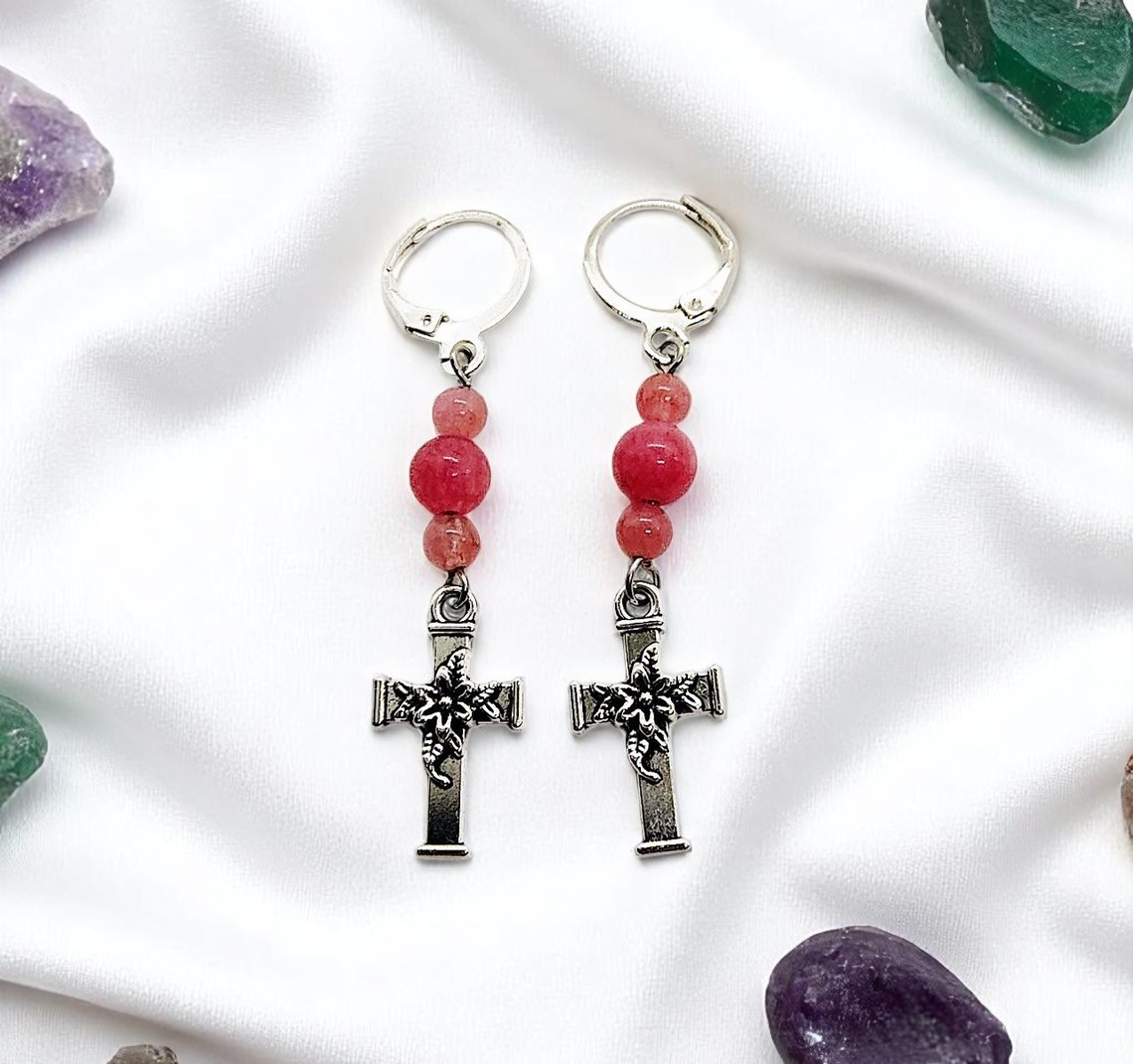 Cross Dangle Earrings with Pink Gemstones