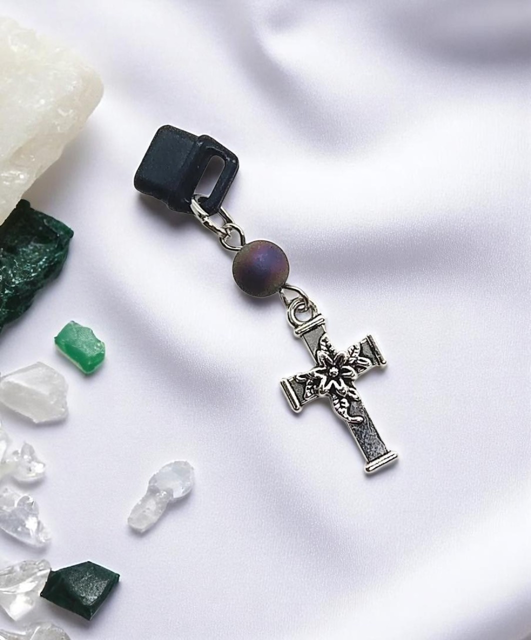Christian Cross Druzy Gemstone Beaded Dust Plug Phone Charm