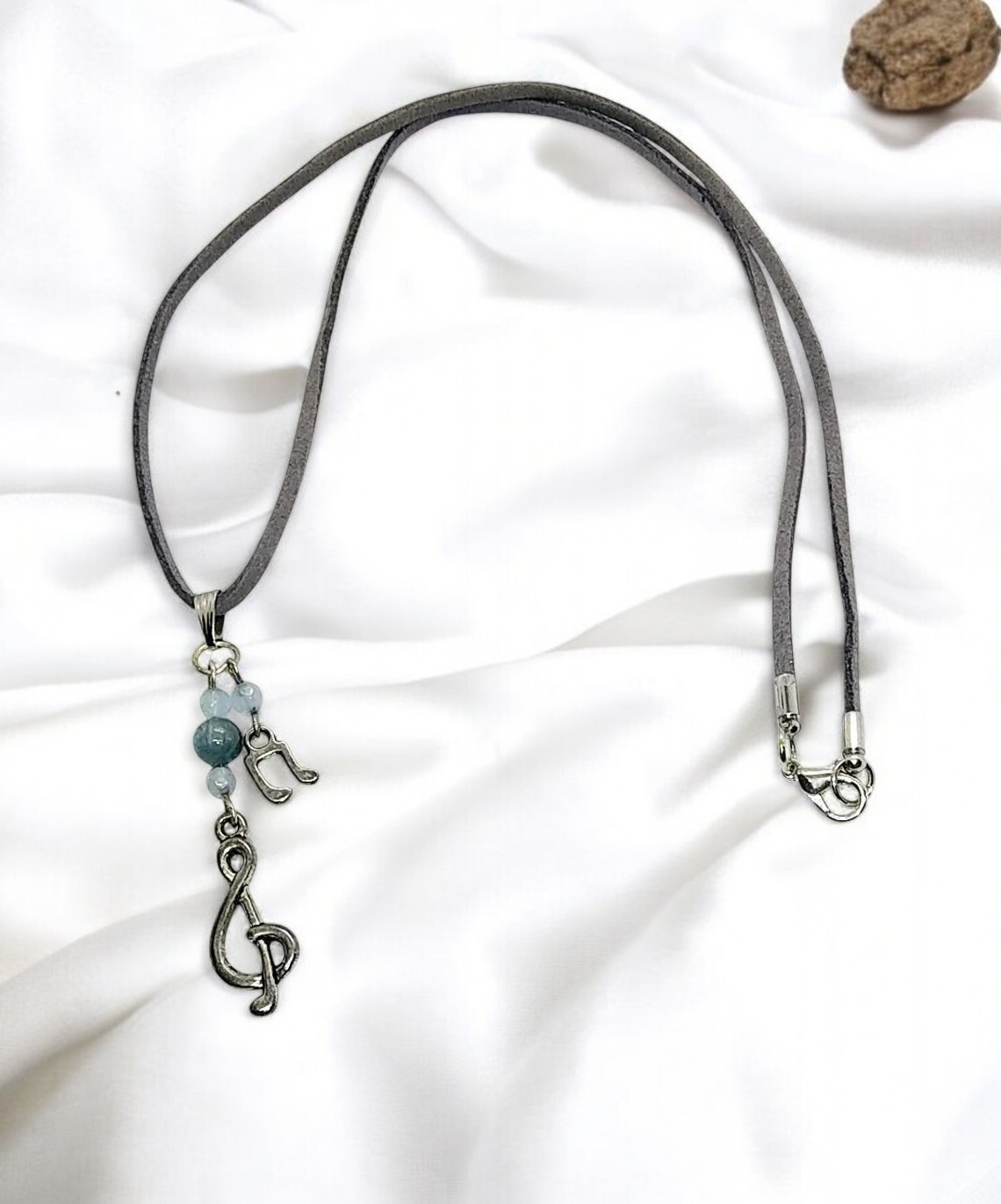 Music Note, Treble Clef, & Gemstone Pendant on Gray Suede Cord Necklace