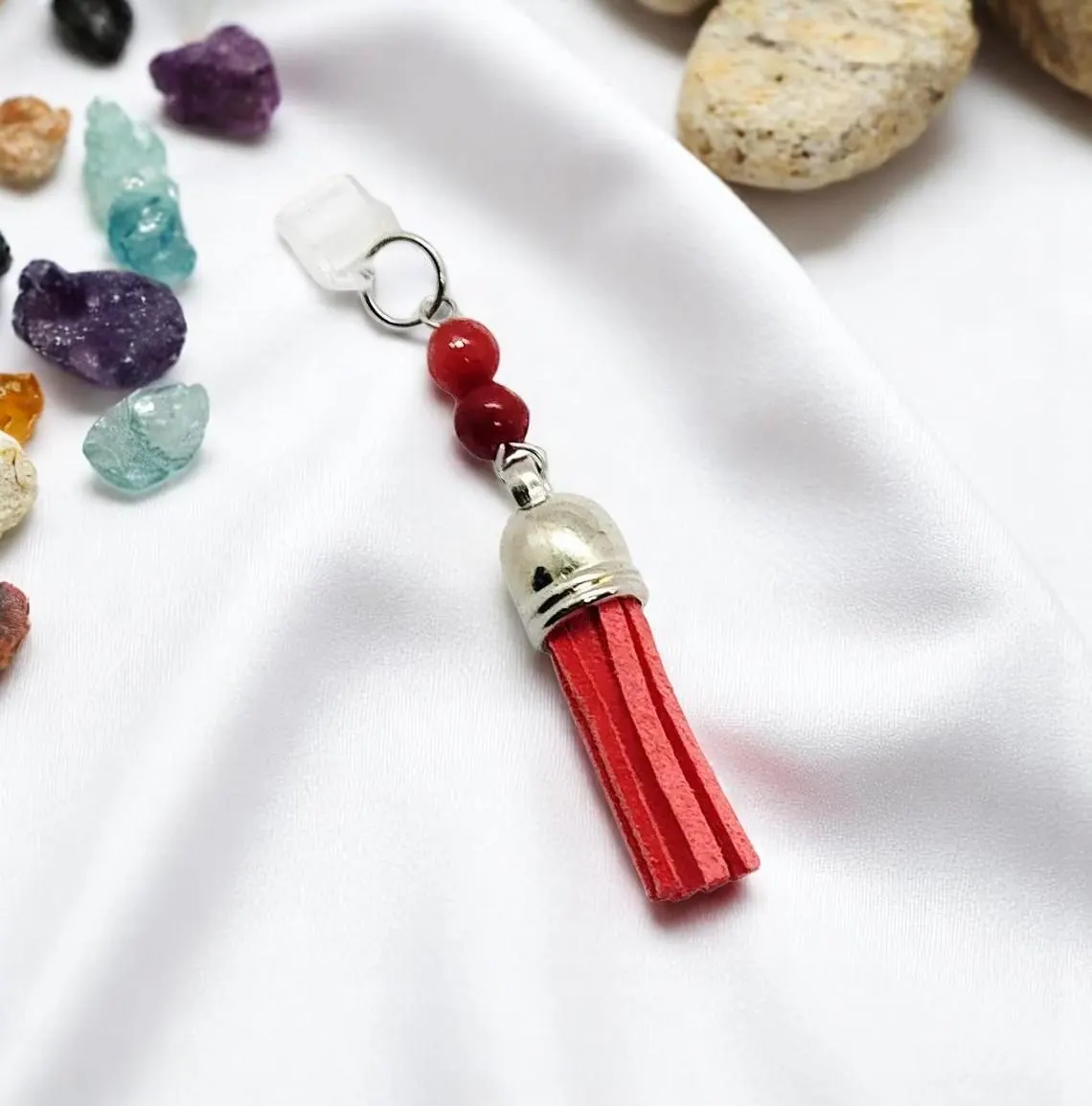 Red Tassel Gemstone Beaded Dust Plug Phone Charm