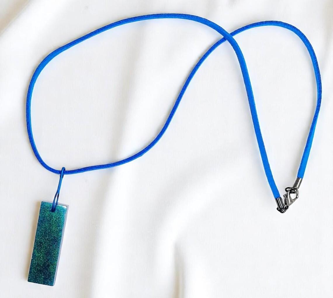 Blue Suede Cord Necklace with Teal Resin Chameleon Pendant