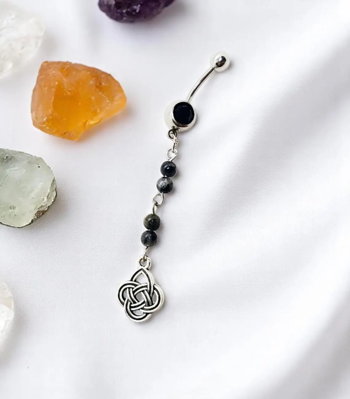 Celtic Knot & Gemstone Dangle Belly Button Ring Body Jewelry - 14 G