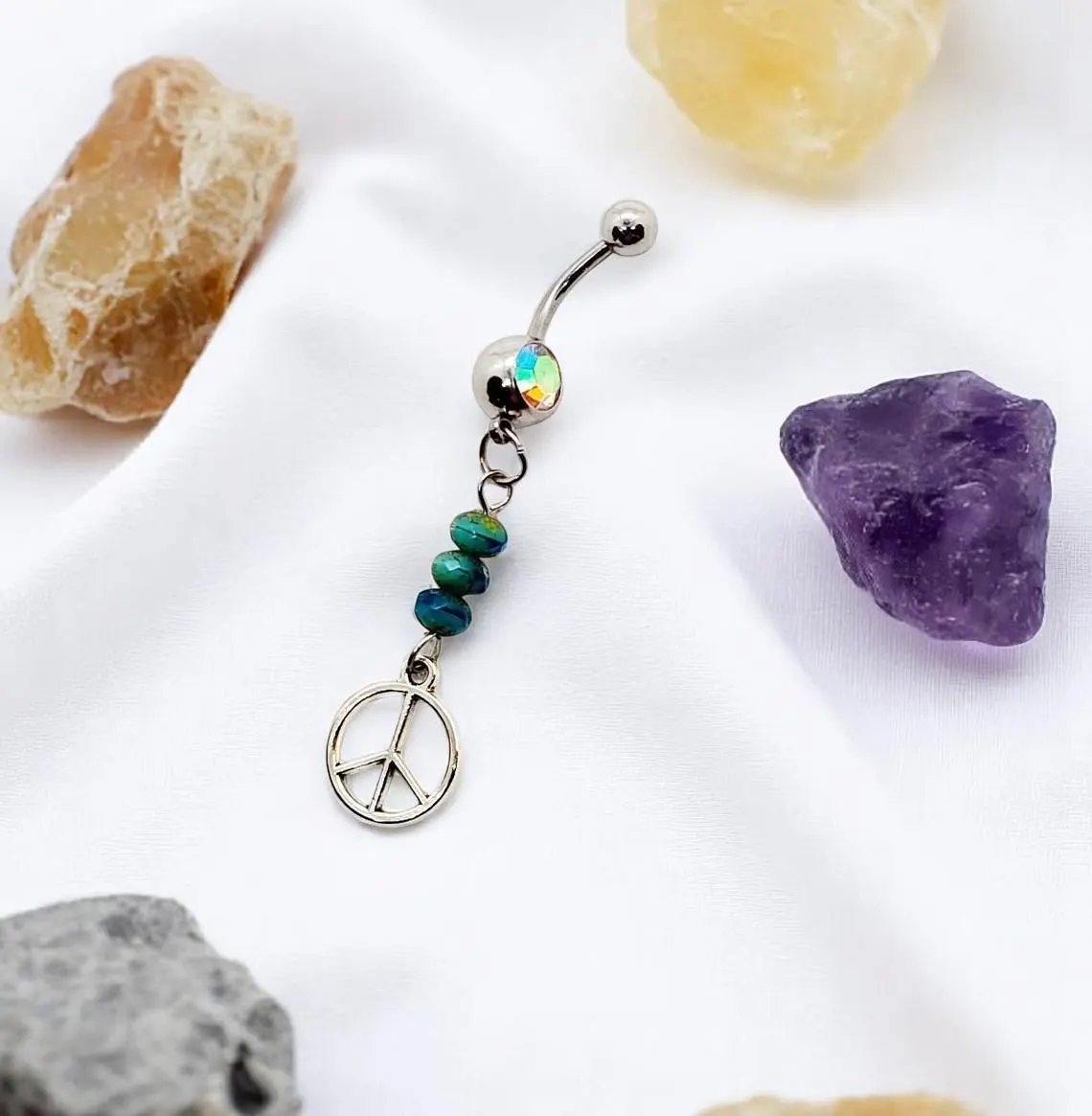 Peace Sign Beaded Dangle Belly Button Ring Body Jewelry - 14 G