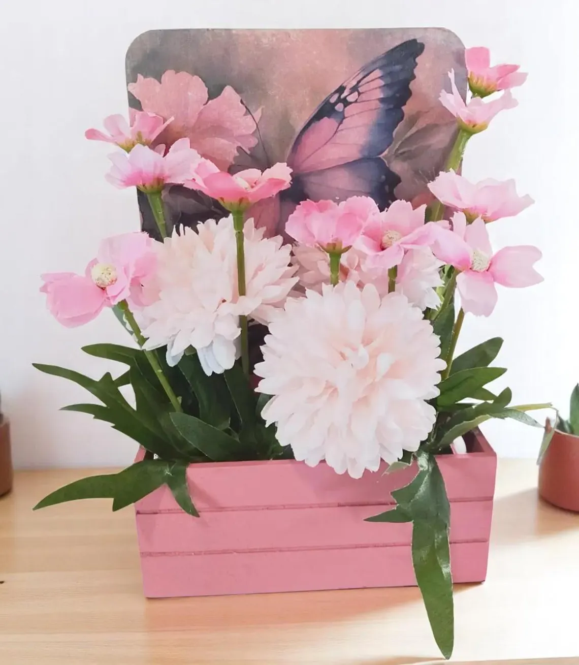 Artificial Flower Arrangement in Wooden Decoupaged Planter 