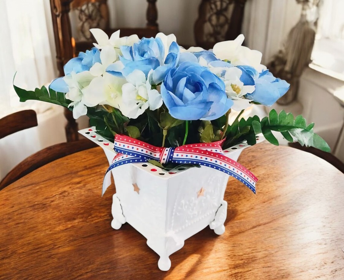 Patriotic Artificial Flower Arrangement in Metal Planter