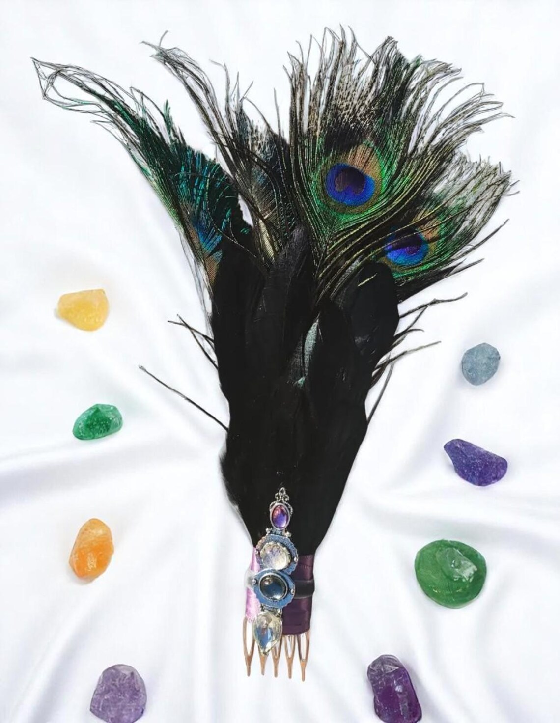 Handmade Peacock Feather Hair Comb