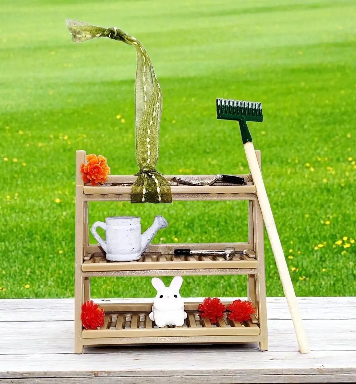 Miniature Garden Shelf Ornament with Garden Tools