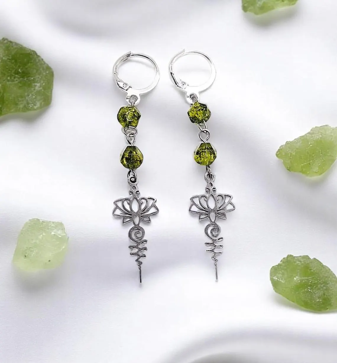 Lotus Unalome Peridot Gemstone Dangle Earrings
