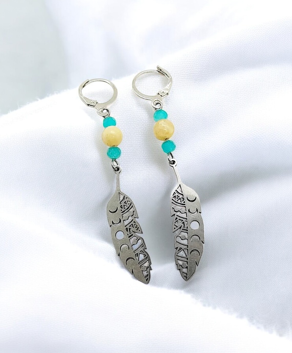 Boho Feather Gemstone Dangle Earrings