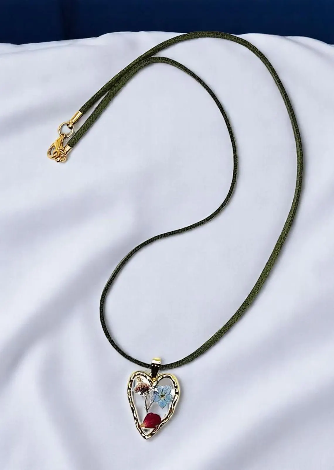 Pressed Flower Heart Pendant on Green Suede Necklace
